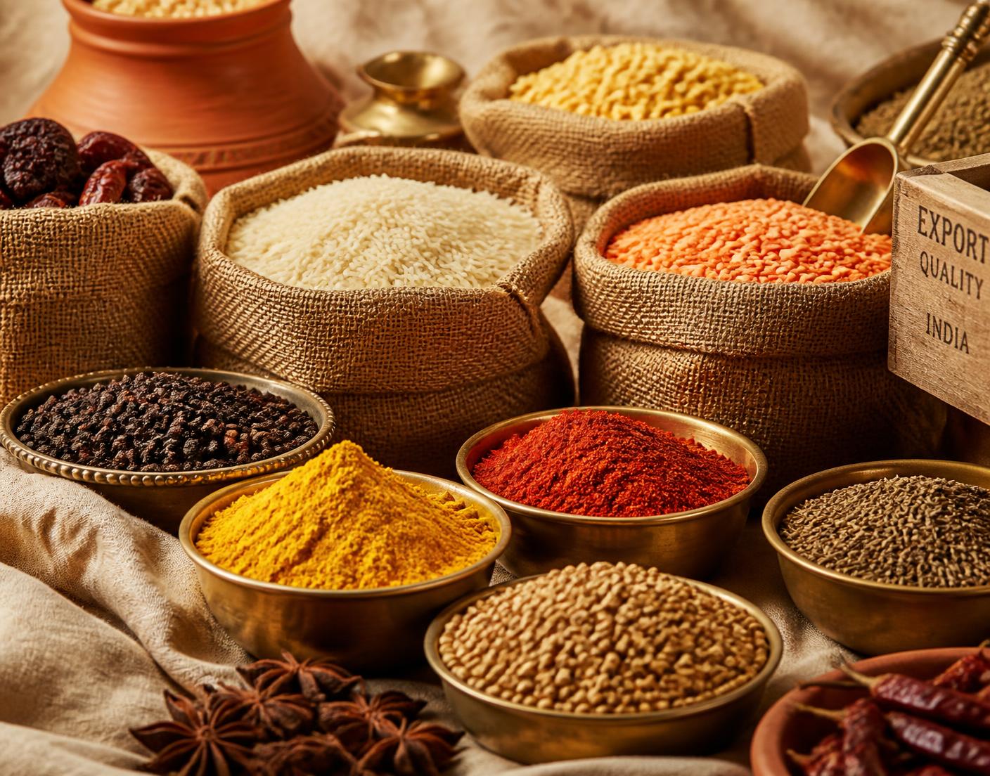 Sacks and bowls of export-quality spices, rice and lentils